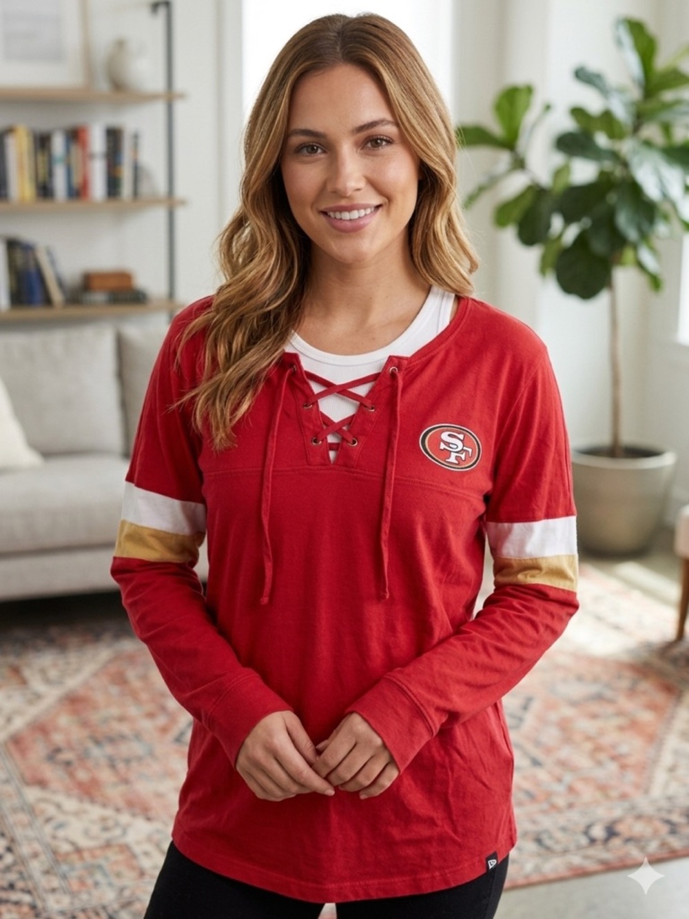 Team Apparel Red Lace-Up Long Sleeve Tee with White & Gold Stripes